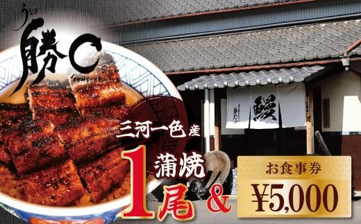 【備長炭で焼く“いい焦がし”】三河一色産うなぎの蒲焼１尾と「勝〇食事券5,000円分」鰻 ウナギ 蒲焼 たれ タレ 国産 備長炭 土用 丑の日 冷凍 三河一色産 食事券 H189-024