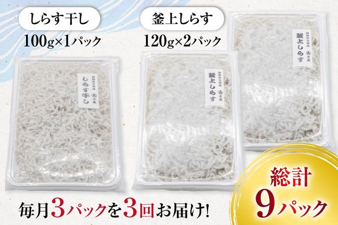 3回 定期便 駿河湾産 しらす干し 100g×1 釜上げしらす 120g×2 計3パック [マルあ水産 静岡県 吉田町 22424640] 魚 海鮮 しらす 白子 シラス 天日 じゃこ 小分け おじゃこ しらす干し