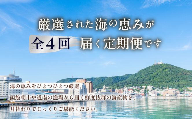 はこだて海の幸定期便 25万円（全4回）厳選 海の恵み いくら 紅鮭 鮭フレーク とろサーモン昆布 正油漬 塩だれ いかそうめん 松前漬 天然 本まぐろ 赤身 中トロ 大トロ 蟹 5L たらばがに脚 タラバ 生ずわいがに 朝市 海産物 月替り 堪能 お取り寄せ 北海道 函館市 送料無料_HS001-013