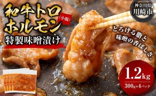 トロホルモン 味噌漬け 1.2kg ( 300g × 4 ) プリプリ 小分け 使いやすい 味付き 調理便利 野菜炒め ホルモン炒め 訳あり 不揃い 和牛 小腸 冷凍 配送時期が選べる 個包装 冷凍保存 アウトドア キャンプ おすすめ 人気