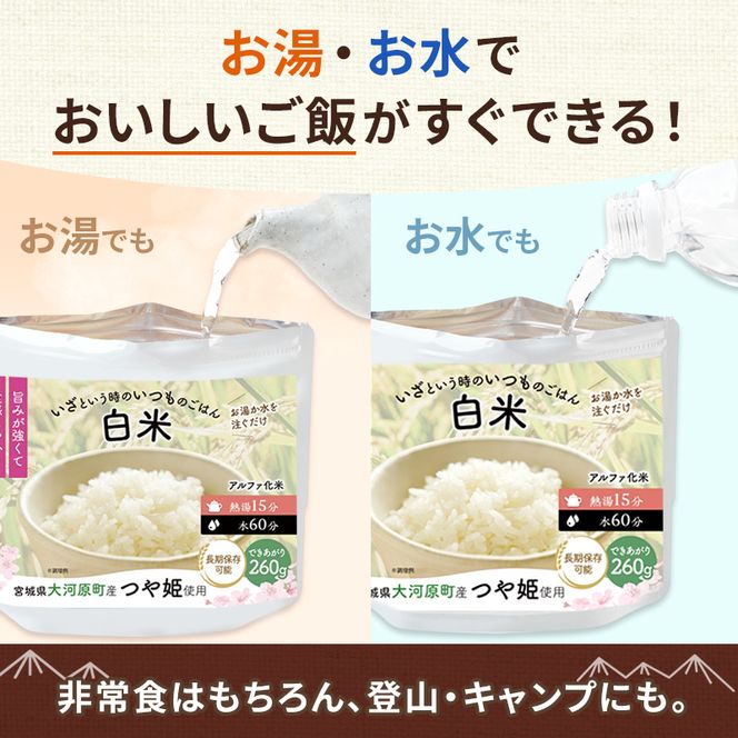 宮城県大河原町産つや姫のアルファ化米 100g 5種×10袋 計50袋 バラエティセット 白米 菜飯 五目 ひじき わかめ お米 長期保存 非常食 アルファ米 ご飯 ごはん 防災食 備蓄 保存食 常温 つや姫