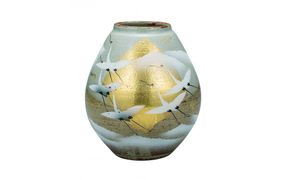 九谷焼　7.5号花瓶　金箔群鶴　山田登陽志 a05 172111_CY2175