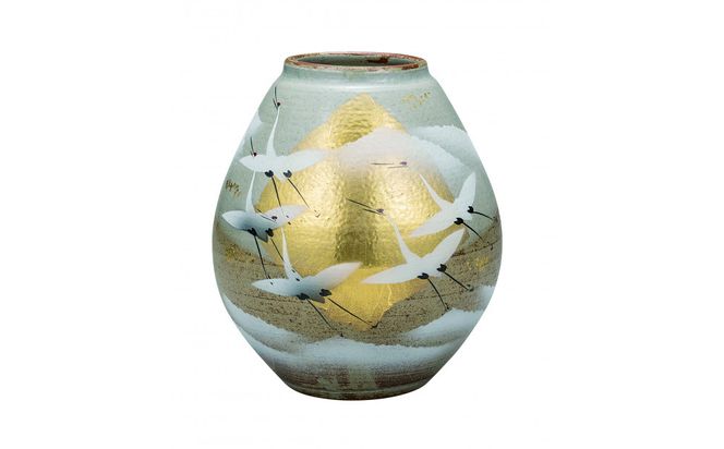 九谷焼　7.5号花瓶　金箔群鶴　山田登陽志 a05 172111_CY2175