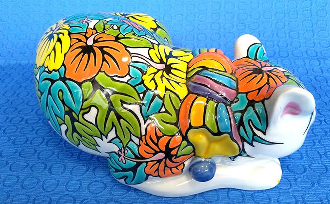 九谷焼「眠り猫　ハイビスカス」糠川孝之作 a05 工芸品 民芸品 