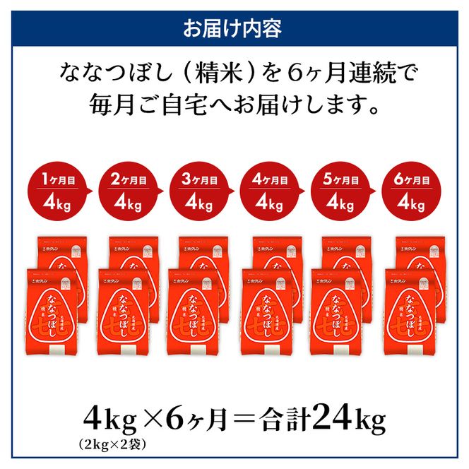 6ヵ月 定期便 (精米4kg)ホクレン喜ななつぼし(精米2kg×2袋) 北海道米 お米 白米 ごはん ご飯 ライス 和食 炭水化物 主食 おにぎり お弁当 ほど良い粘り 豊かな甘み つややか 特A [JA新おたる]