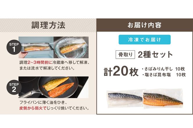 【E-102】骨取りさば20枚(さばみりん干し・塩さば昆布塩/各10枚)