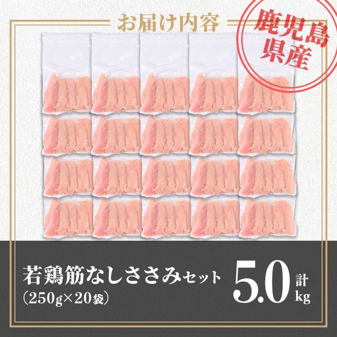 isa710 鹿児島県産 若鶏筋なしささみセット (計5kg・250g×20袋) 鹿児島県産 小分け 鶏肉 鳥肉 ささみ ササミ 筋なし 真空 真空パック サラダ 冷凍 【TRINITY】
