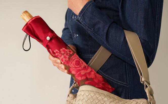 CB047【槙田商店】晴雨兼用折りたたみ傘　絵おり　大ばら　エンジ