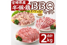 宮崎県産 牛・豚・鶏 BBQ セット(合計2.5kg・ スパイス 小袋付) 宮崎牛 豚バラ 鶏モモ もも 焼肉 焼き肉 バーベキュー アウトドア バラ 豚 肉 国産 冷凍 小分け 宮崎県 門川町【MF-72】【エムファーム】