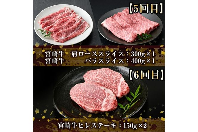 ＜先行予約受付中！2026年2月から発送開始予定＞【定期便・全6回(連続)】宮崎牛定期便＜Aセット＞お楽しみ便 牛肉 国産 定期 ヒレ肉 モモ ウデ ロース バラ スライス 宮崎県産 黒毛和牛 小間切れ 焼肉 ステーキ しゃぶしゃぶ すき焼き【R-67】【株式会社ミヤチク】