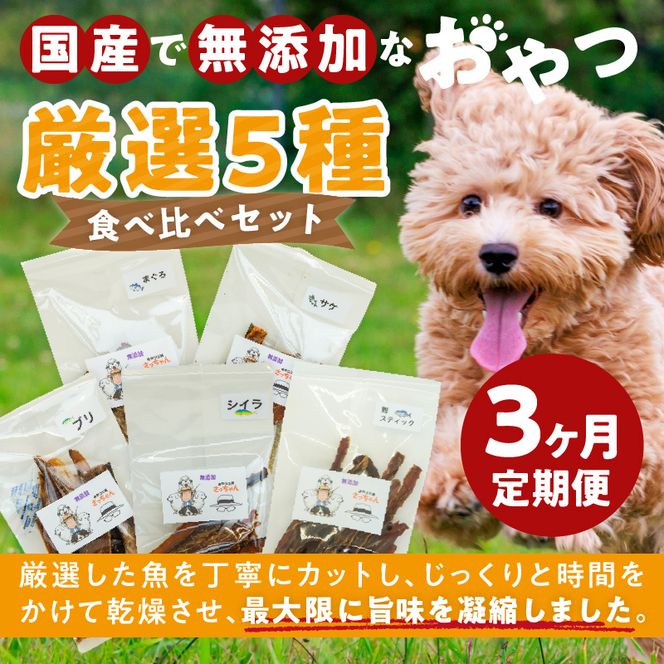 【3ヶ月定期便】犬猫用 国産無添加おやつジャーキー 魚シリーズ ５袋詰め合わせ ［143O03-T］ 3ヶ月定期便 犬猫用 国産 無添加 おやつ ジャーキー 5袋 詰め合わせ まぐろ サケ ブリ シイラ 鰹スティック ペットフード ドッグフード キャットフード エサ おやつ工房さっちゃん お取り寄せ 愛知県 小牧市 送料無料