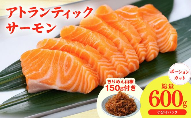 G3806 アトランティックサーモン 600g+おまけちりめん山椒150g【小分け ポーション 柵切 ちりめん 刺身 魚介 海鮮 さーもん 生食 お試し】