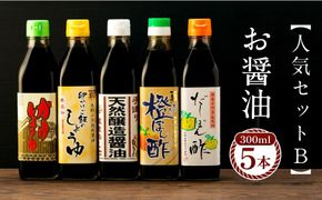 【人気セットB】カネイワ醤油本店 国産原料でつくる木桶二年熟成のお醤油   お醤油300ｍｌ5本セット D025