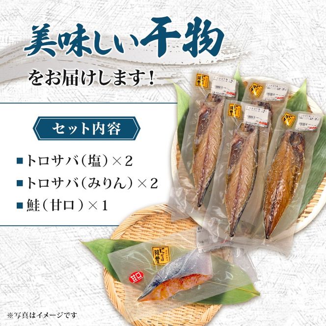 干物小セットB 5品 ＜トロさば（塩）×2 トロさば（みりん）×2 鮭（甘口)×1＞【 にかほ市 干物 干し物 魚 贈り物 晩御飯 おつまみ 冷凍 保存 】