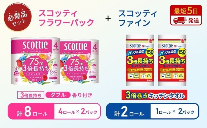 キッチンペーパー 2パック入 ファイン 1ロール 150カット トイレットペーパー ダブル スコッティ 3倍長持ち 4ロール入 × 2パック フラワーパック 香り付き
