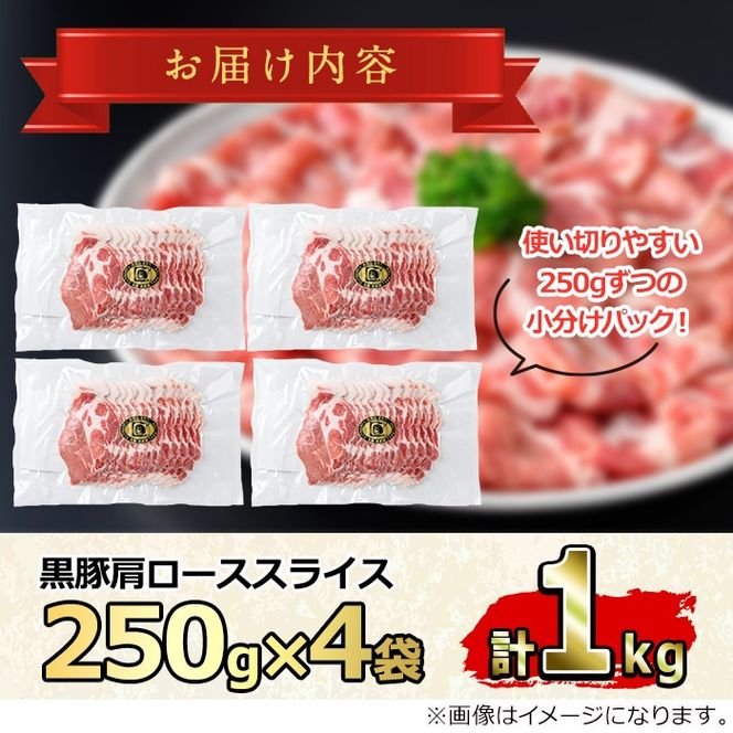 【0205108a】サクラ農場の鹿児島黒豚！小分け肩ローススライス(約250g×4パック・計約1kg) 国産 黒豚 豚肉 ぶた肉 短鼻豚 冷凍 冷凍配送【鹿児島ますや】