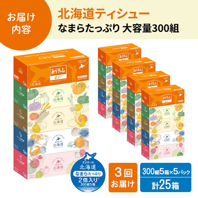 定期便 3ヵ月連続お届け エリエール ハーフサイズ 収納に便利 コンパクト 【少量5パック】 北海道ティシュー 300組 5箱×5パック 計25箱 なまらたっぷり 大容量 防災 常備品 備蓄品 消耗品 日用品
