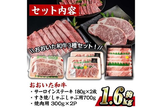 おおいた 和牛 3種 セット (合計1.66kg・サーロインステーキ180g×2枚・ウデ肉700g・焼肉300g×2P) 国産 豊後牛 BBQ 赤身 バーベキュー 惣菜 やきにく おかず 百年の恵み 【BD186】【西日本畜産 (株)】