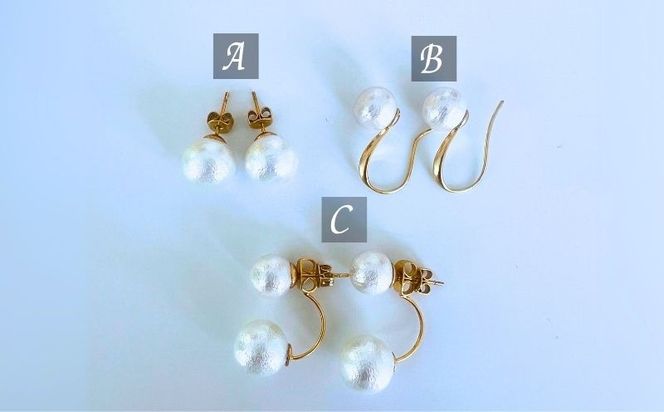 GL015コットンパール「ホワイト」シンプルショートネックレス(金具ゴールド)とピアス３点セット