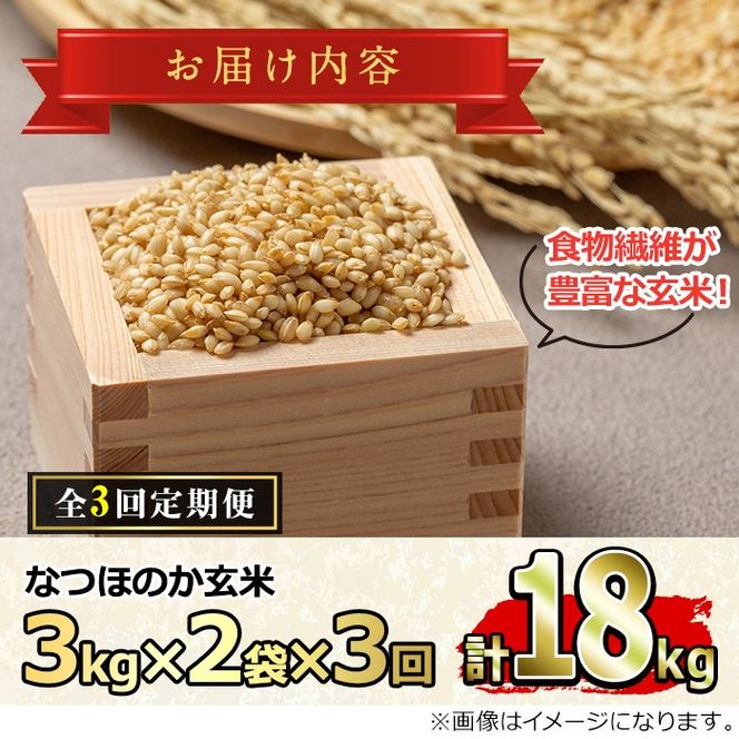 【0302701b】＜定期便・全3回(連続)＞東串良町産！なつほのか玄米(3kg×2袋×3回・計18kg)令和6年産 玄米 お米 こめ 米 18キロ【吉ヶ崎農園】