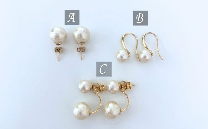 GL017コットンパール「ホワイト」ロングネックレス(金具ゴールド)とピアス３点セット