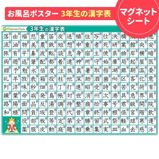 お風呂ポスター3枚組 小学三年漢字表 小学四年漢字表 日本地図【小学校中学年おすすめセット】マグネットシート製