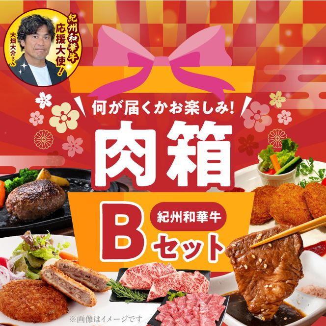 BN6136_お楽しみ肉箱 Bセット お試し ドキドキ 黒毛和牛 ハンバーグ メンチカツ ステーキ ロース ヒレ 焼肉 すき焼き しゃぶしゃぶ 盛り合わせ コロッケ ローストビーフ 食品 和歌山県 湯浅町 送料無料 