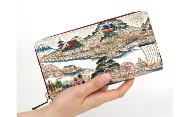 【文庫屋大関】大容量　ぐるっとファスナーの長財布　浮世絵　待乳山【皮革工芸品】 ファッション 小物 仕切り カードポケット ロングポケット 