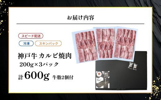 【神戸牛カルビ焼肉200g×3 計600gセット 冷凍】 最短翌日～4営業日以内発送 神戸牛 和牛 国産 牛肉 カルビ 焼肉 大人気 人気 ふるさと納税 返礼品 おすすめ ランキング 神戸 兵庫県 香美町 帝神志方ミート 93-08