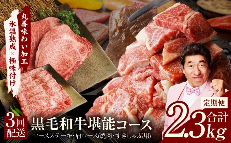mrzZ003 黒毛和牛 定期便 全3回 (ステーキ/すき焼き・しゃぶしゃぶ/焼肉)堪能コース 丸善味わい加工[毎月配送コース]