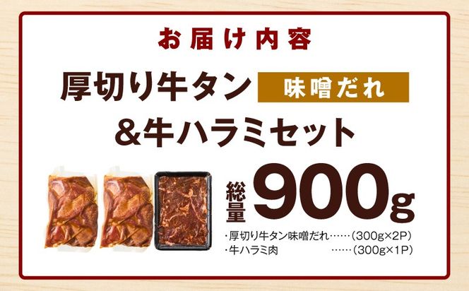 G4708  厚切り牛タン 秘伝の味噌だれ 600g ＆牛ハラミ肉 300g 合計900g【牛肉 はらみ 牛タン 牛たん 厚切り牛タン 焼肉 BBQ キャンプ アウトドア 焼くだけ 訳あり サイズ不揃い 小分け】