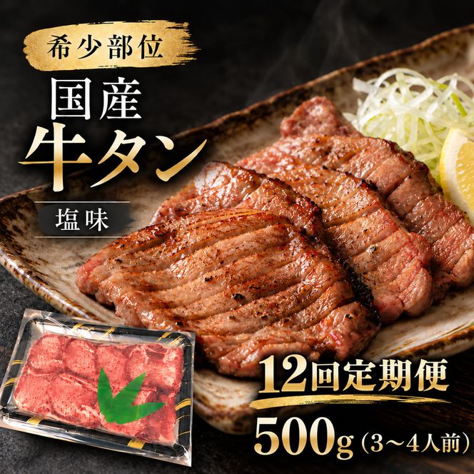 【全12回定期便】 1年間お届け！ 希少部位 国産 牛タン 塩味 500g (3～4人前) 焼肉 大河原町