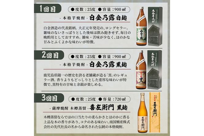 a1102 ＜定期便・全6回＞鹿児島本格芋焼酎飲み比べ！白金酒造 王道芋焼酎6本セット小(900ml×2本、720ml×4本)白金乃露白麹・黒麹 喜左衛門黒麹・白麹 手造り石蔵白麹・黒麹 【南国リカー】姶良市 定期便 酒 焼酎 本格芋焼酎 芋焼酎 飲み比べ 木樽蒸留