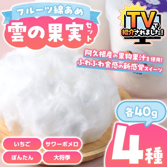 ＼テレビで紹介されました！／フルーツ綿あめ「雲の果実」アソートセット(約40g×4種・Bセット) 国産 阿久根産 わたあめ 綿飴 果汁 果物 いちご サワーポメロ ぼんたん 大将季 おやつ スイーツ 【松永青果】akn053-47