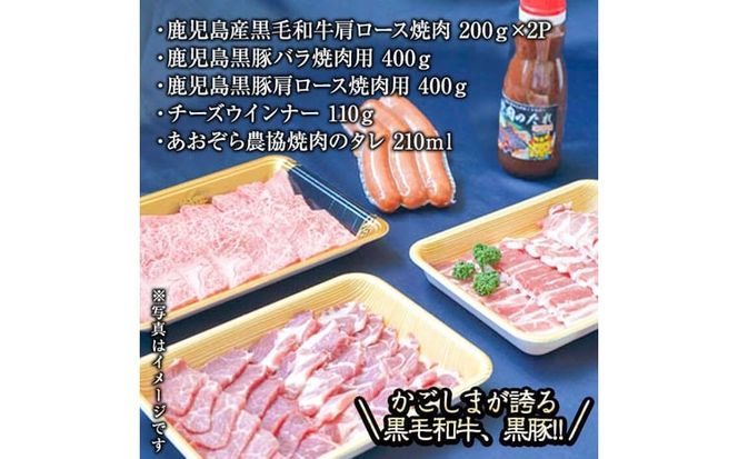 【鹿児島県産黒毛和牛・黒豚】お家でいただく極上 焼肉セット(チーズウインナー＆タレ付き)計1.3kg以上！ b5-202