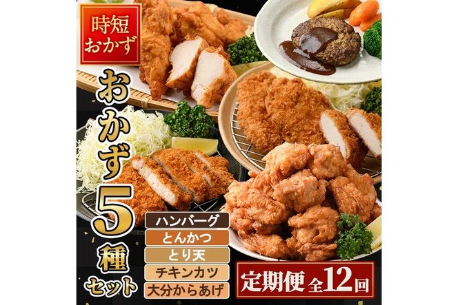 ＜定期便・全12回(毎月)＞下ごしらえ済み おかず5種セット (5種・合計2.3kg×12回) からあげ 唐揚げ とり天 チキンカツ とんかつ ハンバーグ 冷凍 惣菜 お弁当 簡単 時短 定期便【DH314】【ネクサ】