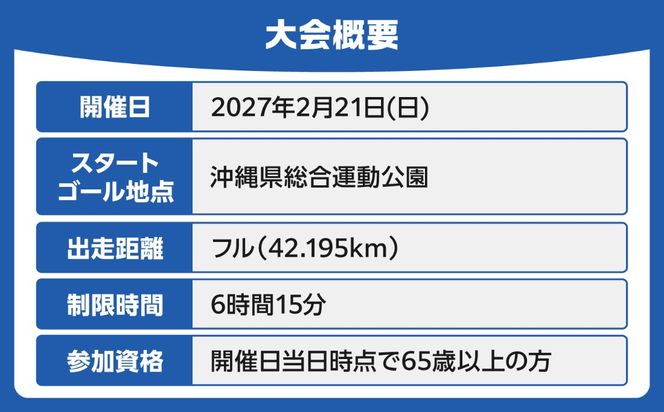 2027年開催！第31回2027おきなわマラソン出走権1名分(65歳以上フル) チケット スポーツ マラソン 参加権 沖縄市 / おきなわマラソン運営事務局[BCEX002]