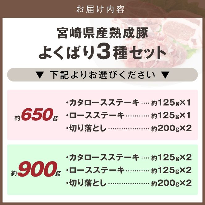宮崎県産熟成豚 よくばり3種セットB（ステーキ2種/切り落とし） N0105-YA2285-sku