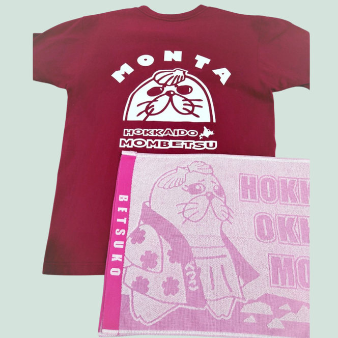 17-90 ゆるキャラ紋太・べつこグッズ(Tシャツ[バーガンディーS]、タオル[ピンク])