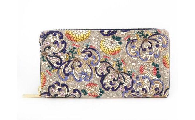 【文庫屋大関】 大容量　ぐるっとファスナーの長財布　乱菊＜青紫＞【皮革工芸品】 ファッション小物 民芸品 