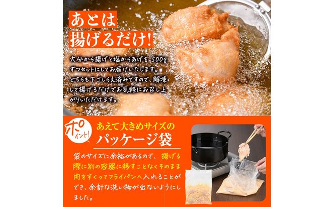 時短おかず 揚げるだけ 大分 からあげ 醤油にんにく味・塩からあげ セット (合計1kg・各500g) 国産 鶏むね肉 鶏もも肉 肉 からあげ 唐揚げ 名物 セット ご当地グルメ 食べ比べ 冷凍 惣菜 お弁当 小分け 簡単 時短 大分県 佐伯市【DH309】【ネクサ】