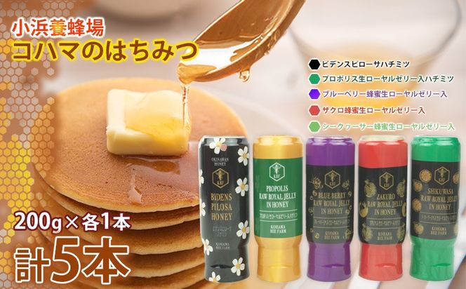 コハマのハチミツ 200g 5本セット 国産 はちみつ ハチミツ 蜂蜜 hatimitu ハニー HONEY 蜜 さし草 プロポリス 生ローヤルゼリー 詰め合わせ 食べ比べ 小分け お試し グルメ ギフト セット 内祝い 沖縄