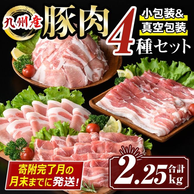 isa429 【寄附完了月の月末までに発送！】九州産 豚肉4種セット (合計2.25kg) 国産 切り落とし バラスライス 肩ロース ロース しゃぶしゃぶ 生姜焼き 真空包装 真空パック ファスナー 小分け ぶたにく 豚 肉 詰合せ 詰め合わせ 冷凍 【サンキョーミート株式会社】