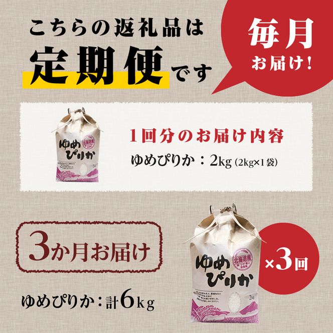 《令和7年産》3ヶ月連続お届け!ゆめぴりか2kg | 特A 白米 ブランド米 米 こめ コメ お米 ご飯 ごはん 単一米 滝川市 北海道 北海道産 道産 北海道米 定期便 生活応援 送料無料 おすすめ 人気 お弁当 贈答