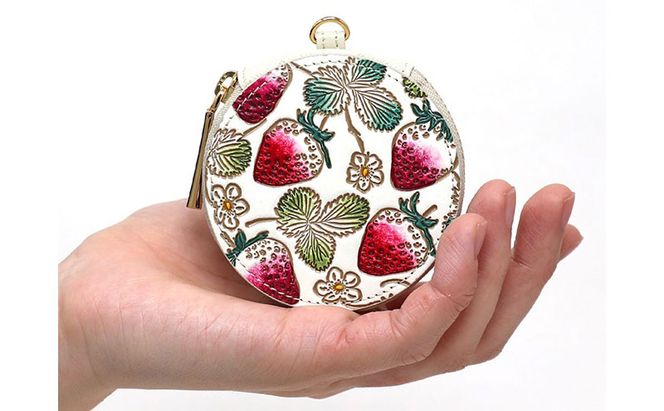 【文庫屋大関】マカロンポーチ いちご【皮革工芸品】 ポーチ ミニポーチ 小物入れ アクセサリー入れ イヤホン入れ 収納 保管ケース 手のひらサイズ  本革 革 皮革 工芸品 工芸 雑貨 ギフト プレゼント 日本製 東京