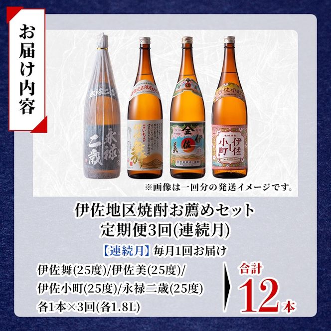 isa902 【定期便3回(連続月)】伊佐地区焼酎お薦めセット 4種各1.8L 合計12本(4種各1本×3回)  鹿児島 本格芋焼酎 芋焼酎 焼酎 一升瓶 飲み比べ 詰め合わせ 詰合せ おすすめ 【酒乃向原】
