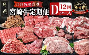 宮崎牛定期便(12回お届け) Dコース_N25-004-T12 宮崎牛 リブロース 肩ロース サーロイン モモ ロース バラ カルビ 味噌漬け 赤身 ミスジ スライス ステーキ サイコロ 切り落とし 鉄板焼き