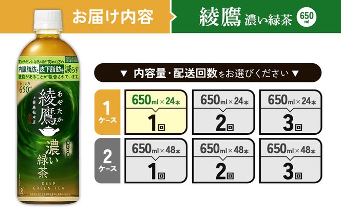綾鷹 濃い緑茶 650ml PET【コカ・コーラ】ペットボトル 1ケース(24本) セット お茶 緑茶 抹茶 日本茶 茶葉 カテキン 内臓脂肪 皮下脂肪 健康 機能性表示食品 宮崎県 えびの市 送料無料