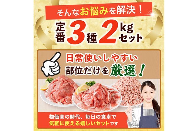 豚肉 定番 3種 セット (2kg) 切り落とし しゃぶしゃぶ こま切れ ミンチ 小分け 個包装 詰め合わせ 詰合せ 冷凍 食べ比べ 【BD326】【西日本畜産】