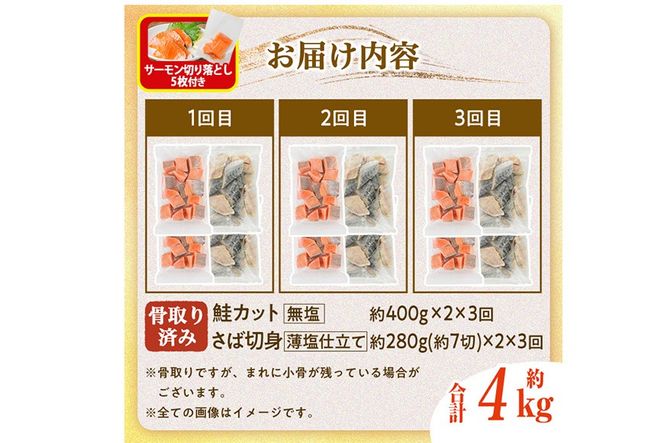 生活応援 サーモン切り落とし5枚付き！【定期便・全3回(連続)】骨取り さば切身と鮭カットのセット(総量約4kg) 鮭 小分け 冷凍 サーモン シャケ サケ サバ 鯖 骨なし 骨取り セット 魚 魚介 【AW-107】【丸正水産】